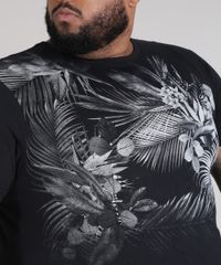 Camiseta-Masculina-Plus-Size-com-Estampa-de-Folhagem-Manga-Curta-Gola-Careca-Preta-9699529-Preto_4