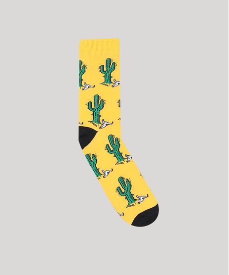 Meia-Masculina-Cano-Alto-Divertida-Estampada-de-Cactos-Mostarda-9636652-Mostarda_1