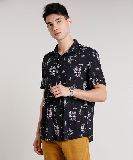 Camisa-Masculina-Estampada-de-Esqueletos-Mexicanos-Manga-Curta-Preta-9592900-Preto_1