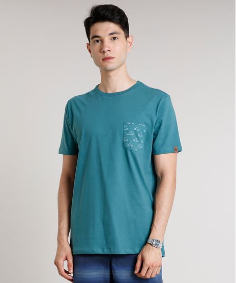 Camiseta-Masculina-com-Bolso-Estampado-de-Tubarao-Manga-Curta-Gola-Careca-Verde-9636213-Verde_1