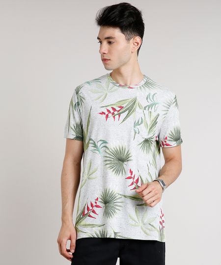 Camiseta-Masculina-Estampada-de-Folhagem-com-Bolso-Manga-Curta-Gola-Careca-Cinza-Mescla-Claro-9648954-Cinza_Mescla_Claro_1