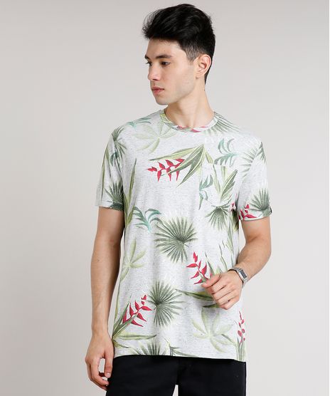 Camiseta-Masculina-Estampada-de-Folhagem-com-Bolso-Manga-Curta-Gola-Careca-Cinza-Mescla-Claro-9648954-Cinza_Mescla_Claro_1
