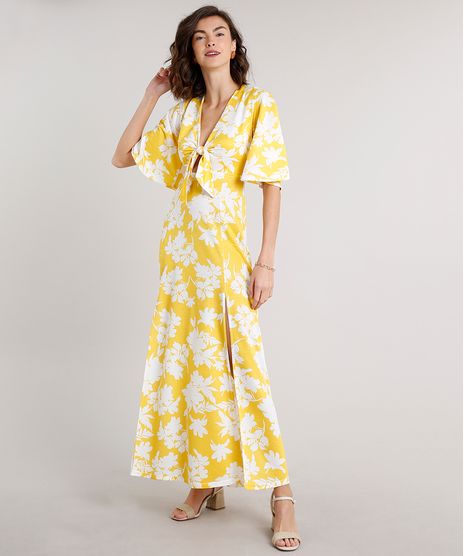 Vestido-Feminino-Longo-Estampado-Floral-com-No-e-Fendas-Manga-Curta-Amarelo-9627380-Amarelo_1