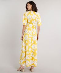 Vestido-Feminino-Longo-Estampado-Floral-com-No-e-Fendas-Manga-Curta-Amarelo-9627380-Amarelo_2