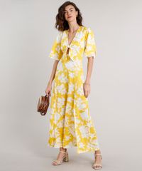 Vestido-Feminino-Longo-Estampado-Floral-com-No-e-Fendas-Manga-Curta-Amarelo-9627380-Amarelo_3