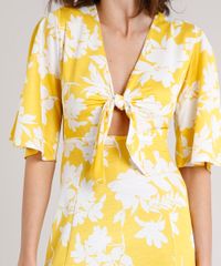 Vestido-Feminino-Longo-Estampado-Floral-com-No-e-Fendas-Manga-Curta-Amarelo-9627380-Amarelo_4
