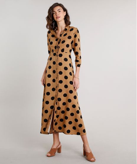 Vestido-Chemise-Feminino-Midi-Estampado-de-Poa-Manga-3-4-Caramelo-9617834-Caramelo_1