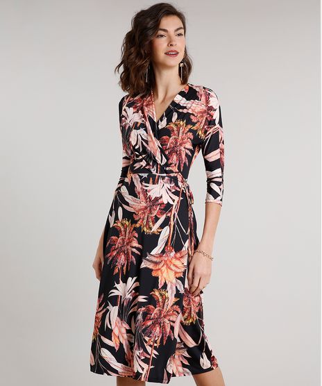 Vestido-Feminino-Midi-Envelope-Estampado-de-Coqueiros-Manga-3-4-Preto-9612388-Preto_1