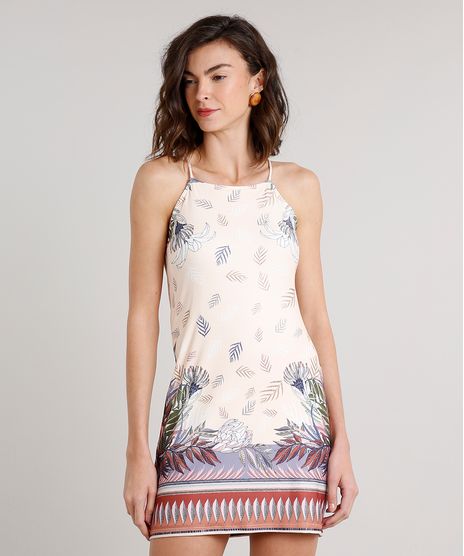 Vestido-Feminino-Estampado-de-Folhagem-Halter-Neck--Bege-Claro-9610361-Bege_Claro_1