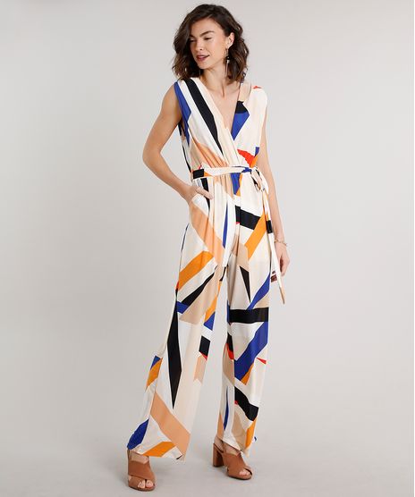 Macacao-Feminino-Estampado-Geometrico-com-Faixa-para-Amarrar-Sem-Manga-Bege-Claro-9612389-Bege_Claro_1
