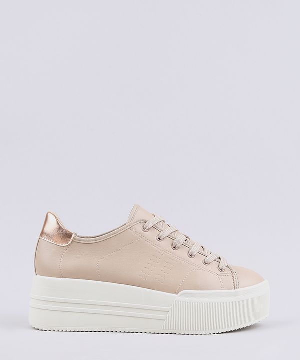 Tênis Feminino Moleca Flatform com Recorte Metalizado Bege 35