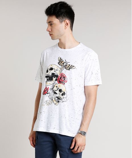 Camiseta-Masculina-Estampada-com-Caveira-e-Rosas-Manga-Curta-Gola-Careca-Branca-9674681-Branco_1