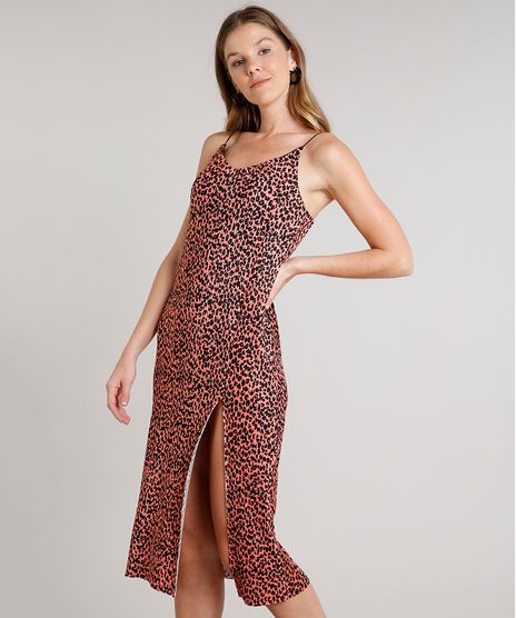 Vestido-Feminino-Midi-Plissado-Estampado-Animal-Print-com-Fenda-Alca-Fina-Coral-9631852-Coral_1