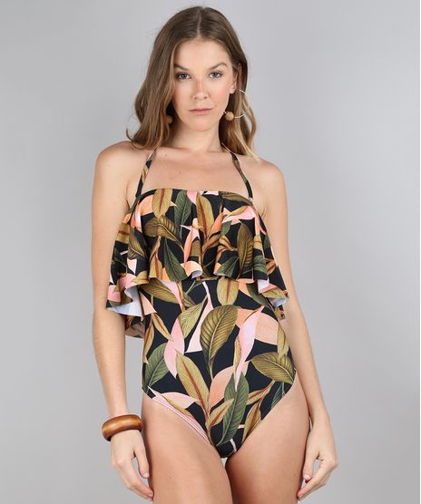 Maio-Body-Estampado-de-Folhagem-Decote-Ombro-a-Ombro-com-Babado-Protecao-UV50--Preto-9612252-Preto_1