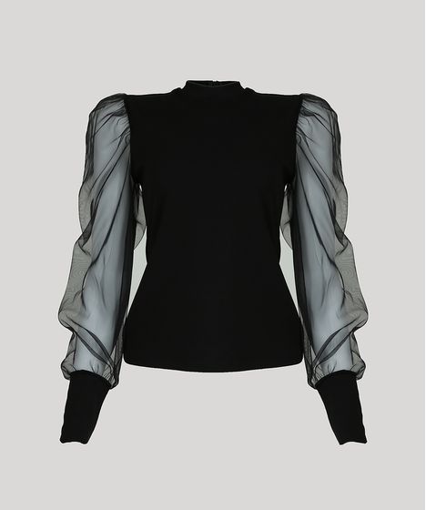 Blusa Feminina Mindset Manga Bufante Em Tule Decote Redondo Preta