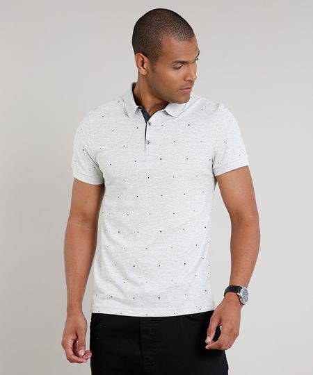 Polo-Masculina-Slim-Fit-Estampada-Mini-Print-em-Piquet-Manga-Curta-Cinza-Mescla-Claro-9634645-Cinza_Mescla_Claro_1