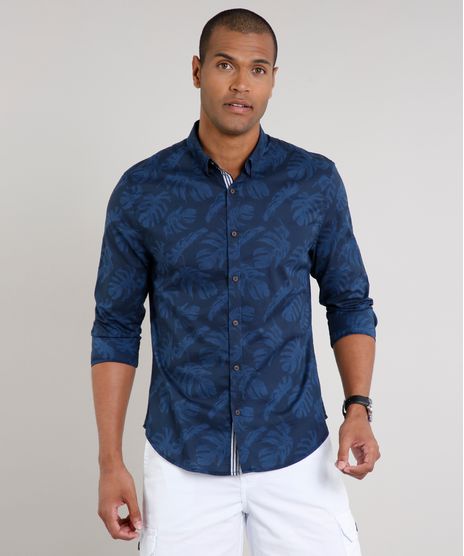 Camisa-Masculina-Slim-Estampada-de-Folhagem-Manga-Longa-Azul-Marinho-9523402-Azul_Marinho_1