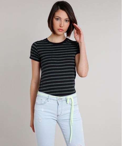 Blusa-Feminina-Basica-Listrada-Manga-Curta-Decote-Redondo-Preta-9227889-Preto_1