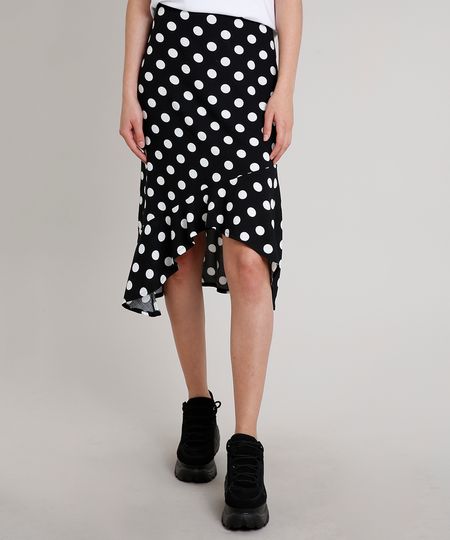 Saia-Feminina-Midi-Assimetrica-Estampada-de-Poa-com-Babado-Preta-9612673-Preto_1