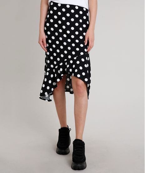 Saia-Feminina-Midi-Assimetrica-Estampada-de-Poa-com-Babado-Preta-9612673-Preto_1