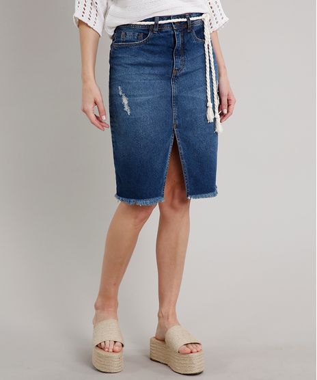 Saia-Jeans-Feminina-Midi-com-Rasgos-Fenda-e-Cinto-Azul-Escuro-9670259-Azul_Escuro_1