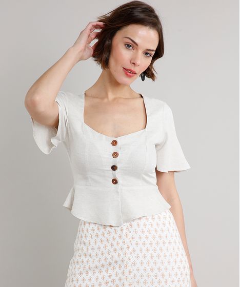 Blusa Feminina Cropped Peplum Com Linho E Botoes Manga Curta