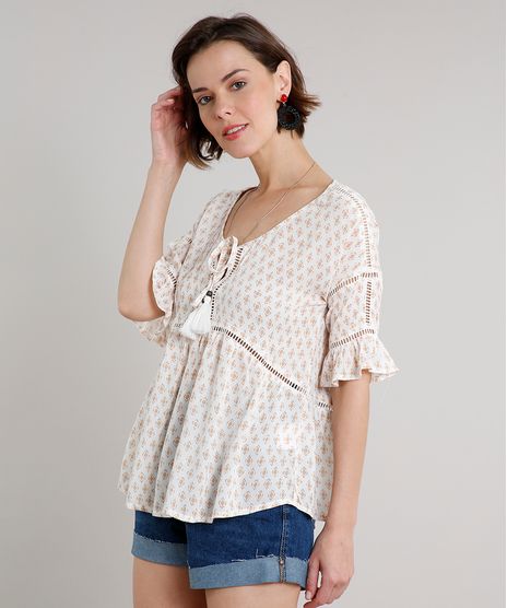Blusa-Feminina-Ampla-Estampada-com-Entremeio-e-Tassel-Manga-Curta-Decote-Redondo-Off-White-9537113-Off_White_1