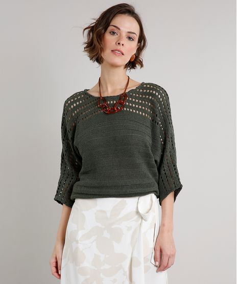Blusa-Feminina-Ampla-em-Trico-Manga-3-4-Decote-Redondo-Verde-Militar-9624963-Verde_Militar_1