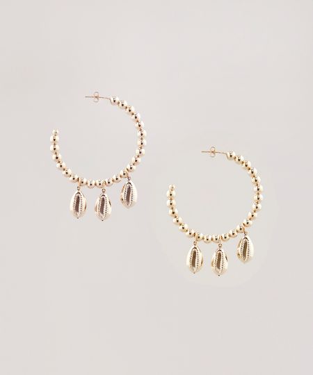 Brinco-Feminino-de-Argola-Folheado-com-Esferas-e-Buzios-Dourado-9657499-Dourado_1