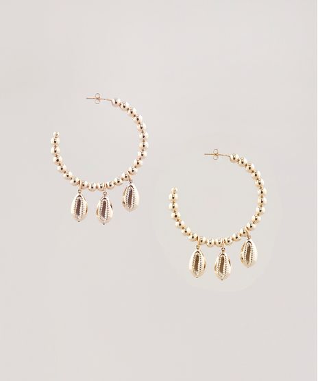 Brinco-Feminino-de-Argola-Folheado-com-Esferas-e-Buzios-Dourado-9657499-Dourado_1