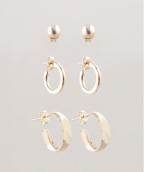 Kit-de-3-Brincos-Femininos-de-Argola-e-Esfera-Folheados-Dourado-9657472-Dourado_1