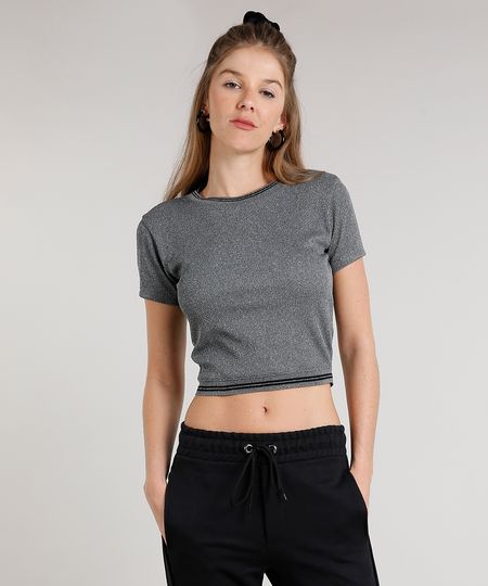 Blusa Feminina BBB Cropped com Lurex Manga Curta Decote Redondo Cinza Mescla - GG Menor preço em Blusa Feminina BBB Cropped com Lurex Manga Curta Decote Redondo Cinza Mescla - GG