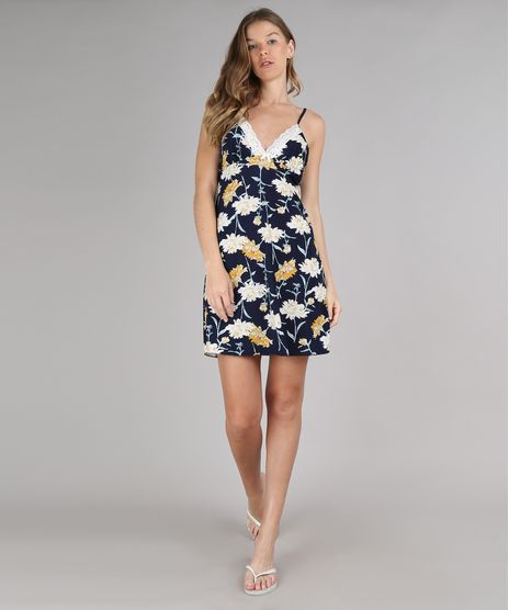 Camisola-Feminina-Estampada-Floral-com-Renda-Alcas-Finas-Azul-Marinho-9610509-Azul_Marinho_1