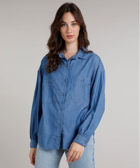 camisa azul jeans feminina