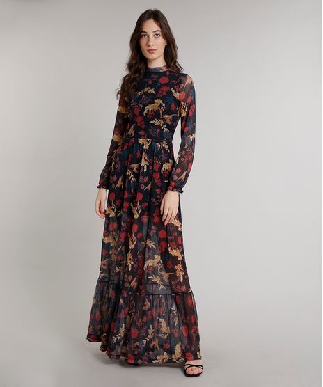 Vestido-Feminino-Mindset-Longo-Estampado-Floral-em-Tule-Manga-Longa-Gola-Alta-Preto-9752549-Preto_1