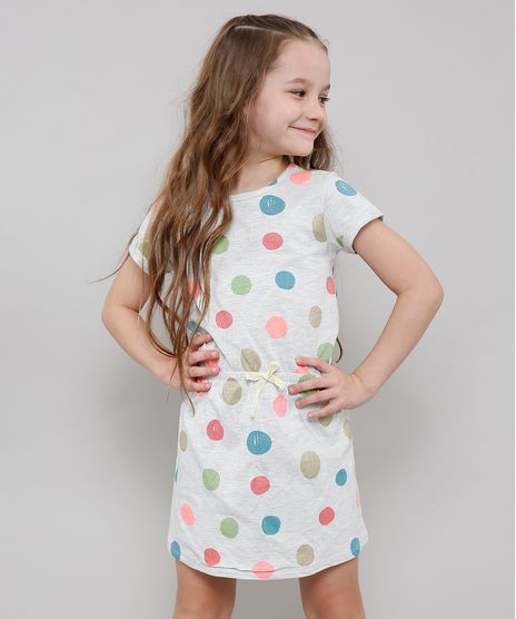 Vestido-Infantil-Estampado-de-Poa-com-Laco-Manga-Curta-Cinza-Mescla-Claro-9636527-Cinza_Mescla_Claro_1
