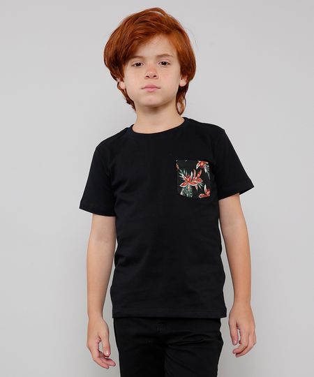 Camiseta-Infantil-com-Bolso-Estampado-Floral-Manga-Curta-Preta-9605210-Preto_1