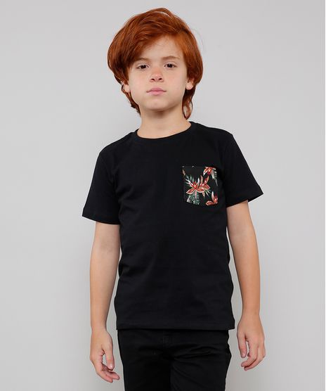 Camiseta-Infantil-com-Bolso-Estampado-Floral-Manga-Curta-Preta-9605210-Preto_1