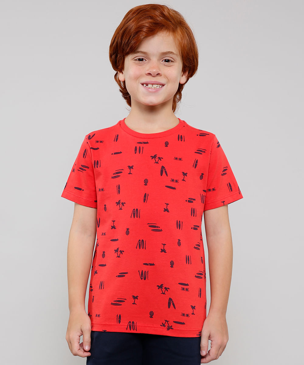 Camiseta Infantil Estampada Tropical Manga Curta Vermelho