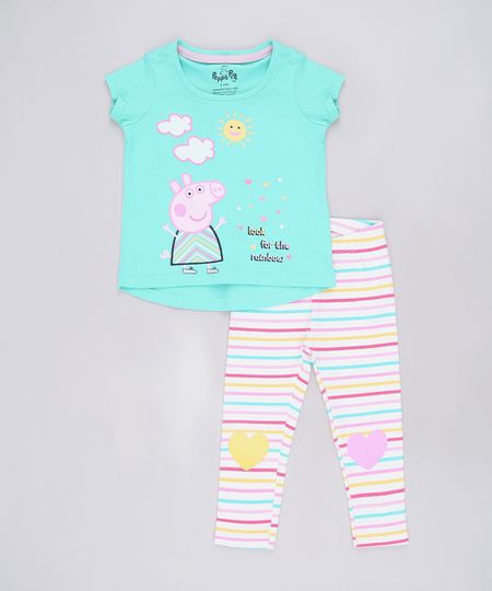 Conjunto-Infantil-de-Blusa-Peppa-Pig-Manga-Curta-Verde---Calca-Legging-Listrada-Off-White-9688715-Off_White_1