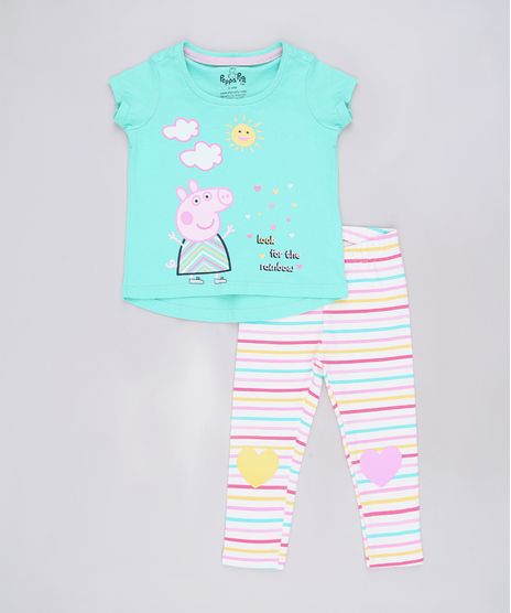 Conjunto-Infantil-de-Blusa-Peppa-Pig-Manga-Curta-Verde---Calca-Legging-Listrada-Off-White-9688715-Off_White_1