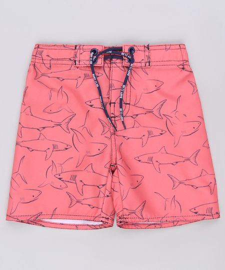 Bermuda-Surf-Infantil-Estampada-de-Tubaroes-com-Velcro-e-Cordao-Coral-9049160-Coral_1