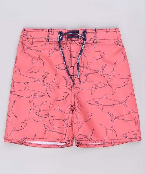 Bermuda-Surf-Infantil-Estampada-de-Tubaroes-com-Velcro-e-Cordao-Coral-9049160-Coral_1
