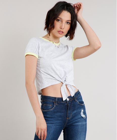Blusa-Feminina-Basica-com-Amarracao-Manga-Curta-Decote-Redondo-Cinza-Mescla-Claro-9230382-Cinza_Mescla_Claro_1_1