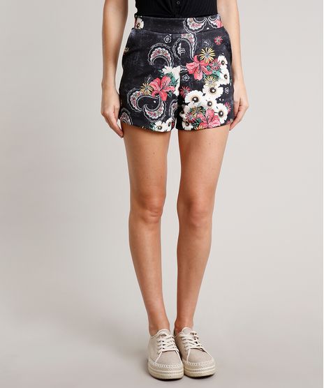 Short-Feminino-Estampado-Floral-com-Bolsos--Preto-9609120-Preto_1
