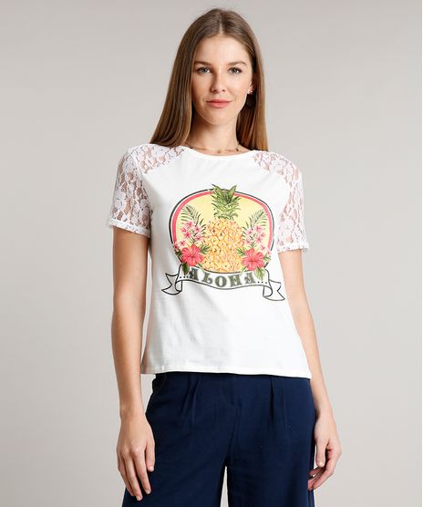 Blusa-Feminina-Abacaxi--Aloha--com-Renda-Manga-Curta-Decote-Redondo-Off-White-9612856-Off_White_1