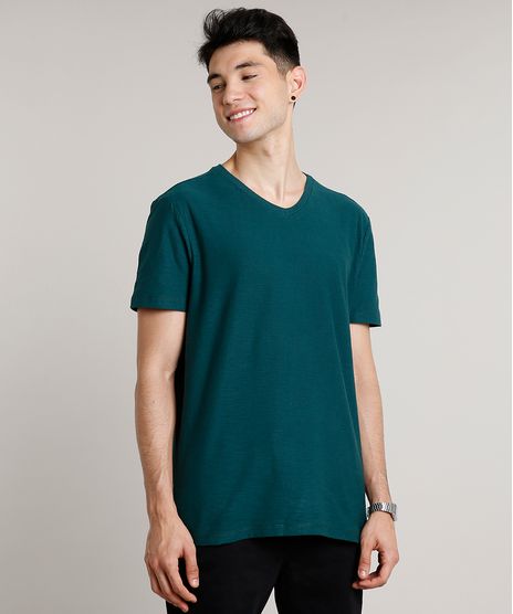Camiseta-Masculina-Basica-Manga-Curta-Gola-V-Verde-Militar-9652152-Verde_Militar_1
