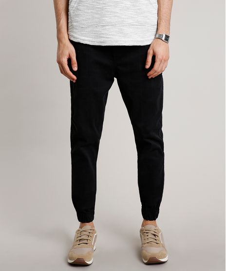 Calca-de-Sarja-Masculina-Jogger-Skinny-Estampada-Quadriculada-com-Cordao-Preta-9628186-Preto_1