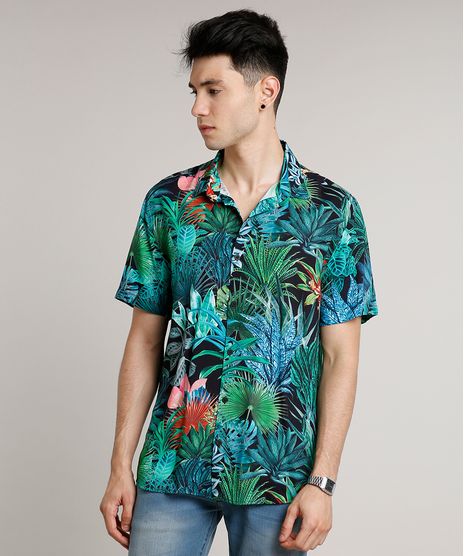 Camisa-Masculina-Estampada-Tropical-Manga-Curta-Preta-9592901-Preto_1