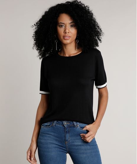 Blusa-Feminina-Bicolor-em-Trico-Manga-Curta-Decote-Redondo-Preta-9626931-Preto_1